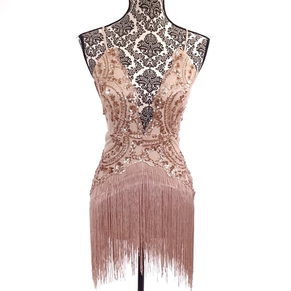 FASHION NOVA Sequin Netting & Long Fringe Nude Color Stretch Party Bodysuit XS - Picture 2 of 5